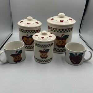Vintage Tabletops Unlimited A is for Apple Canister Set and Mugs 5pc Kitchen